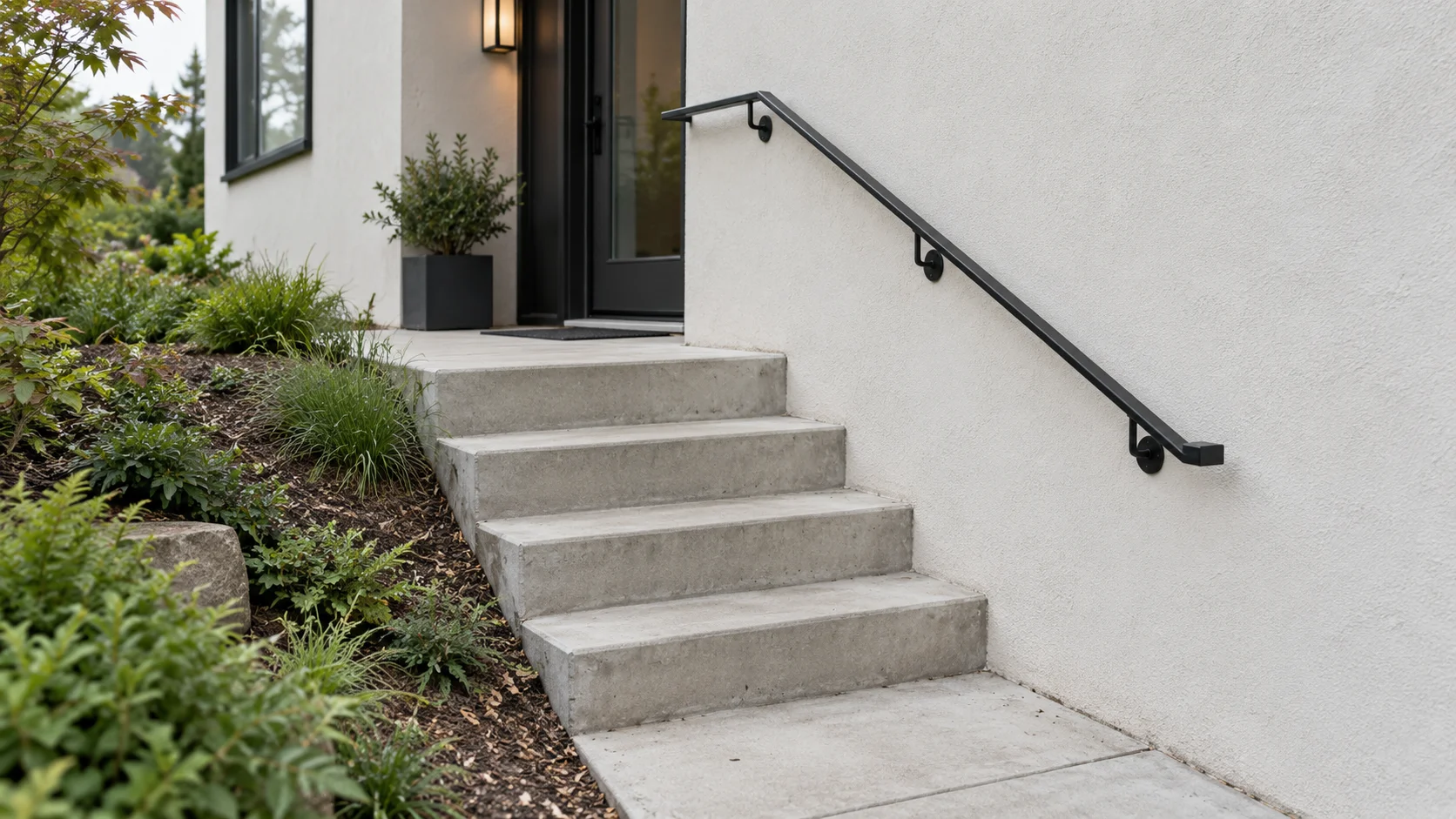 Slim black wall-mounted handrail alongside existing concrete entry steps and an upper landing.