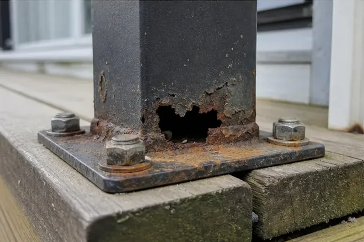 Severe corrosion and metal loss at the base of a black steel deck railing post