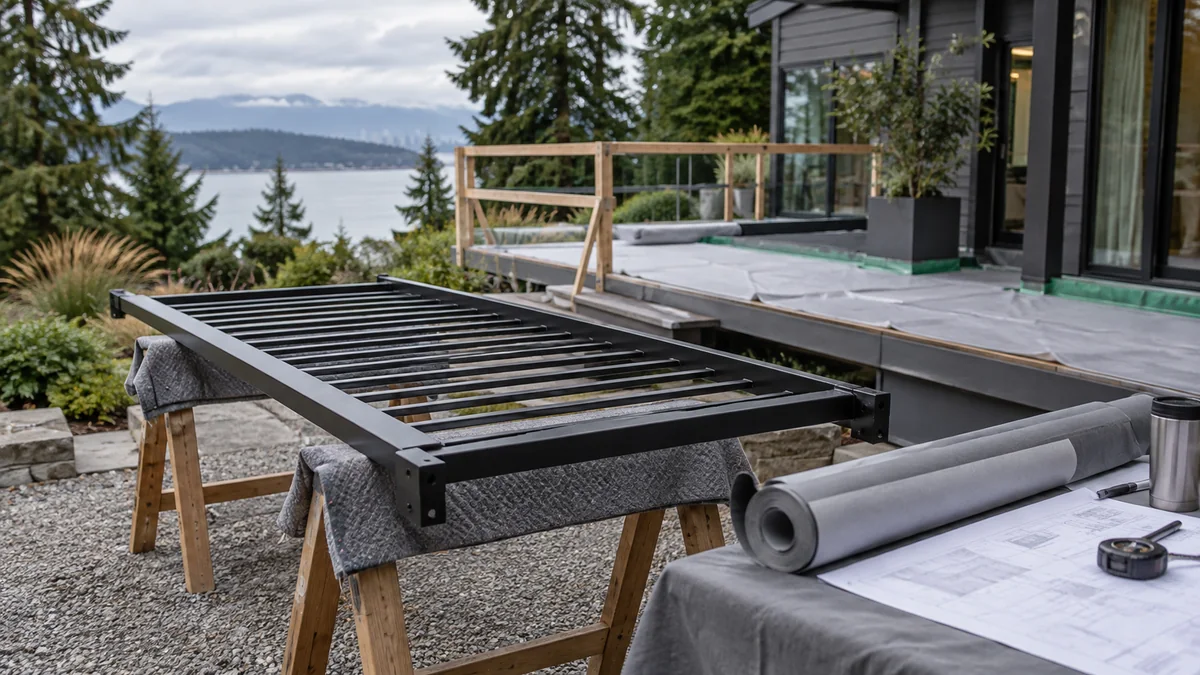 Editorial illustration of a removed metal railing on padded supports beside a deck membrane replacement area