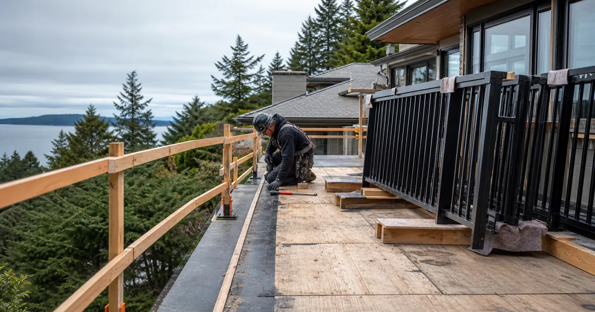 Metal balcony railing removed for deck membrane replacement with temporary edge protection in place