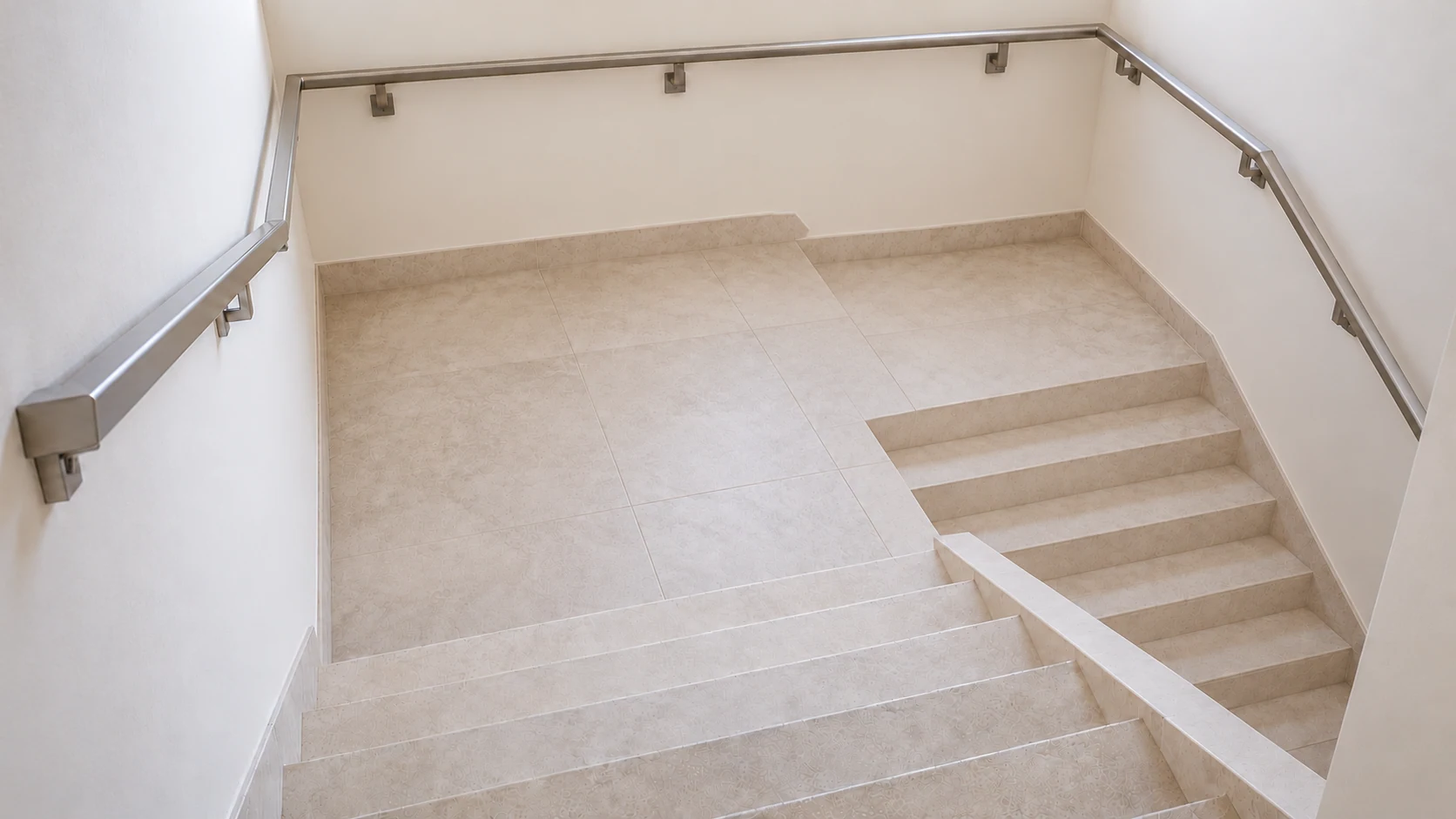 Satin metal wall handrails following two pale stone stair flights around a landing