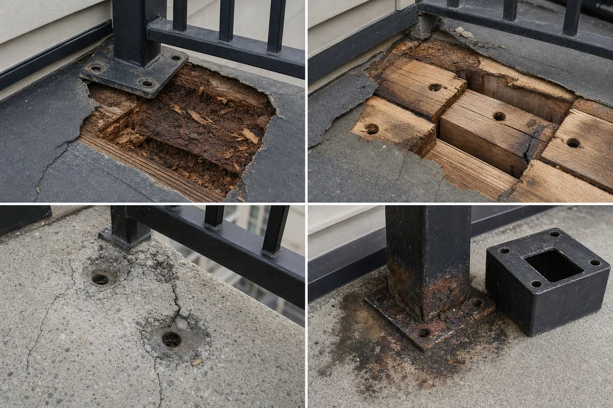 Illustrated examples of rotted plywood, enlarged wood anchor holes, cracked concrete and corrosion hidden beneath railing base plates