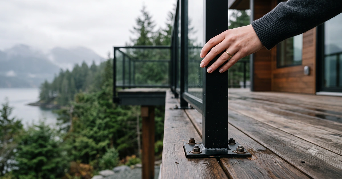 Homeowner checking a loose black metal and glass deck railing post at its base plate on a coastal BC home