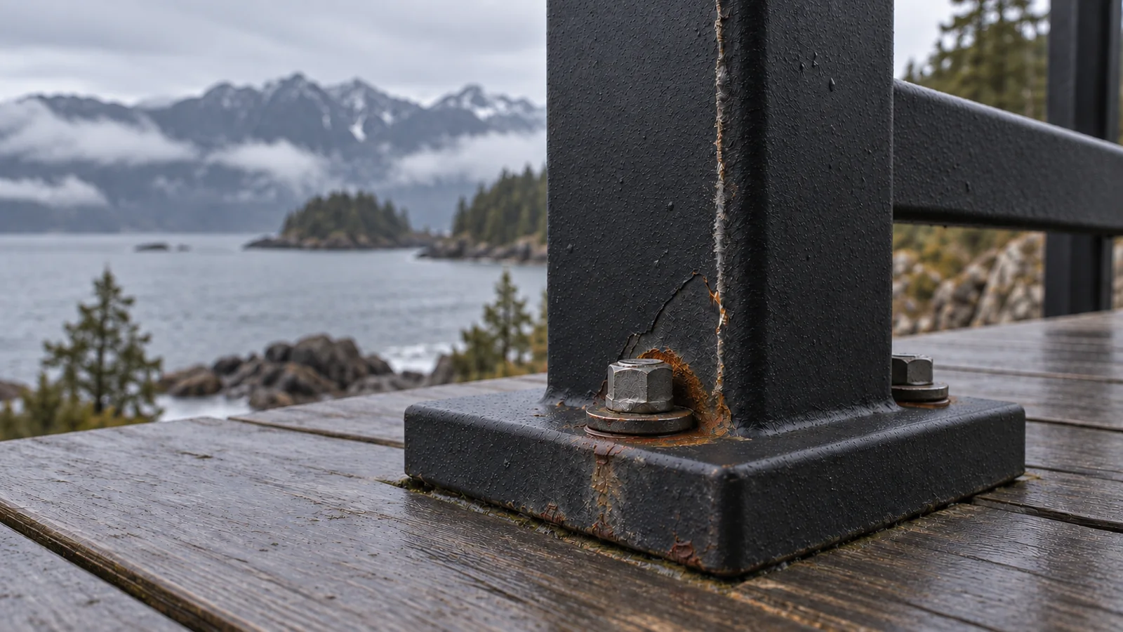 Editorial illustration of light weathering and surface rust around a black railing base on a coastal deck