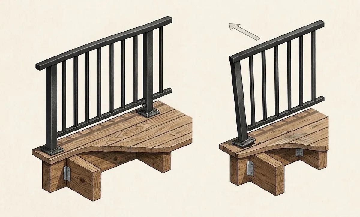 Illustration comparing a secure deck railing post with a loose post moving at its base connection on a wood deck