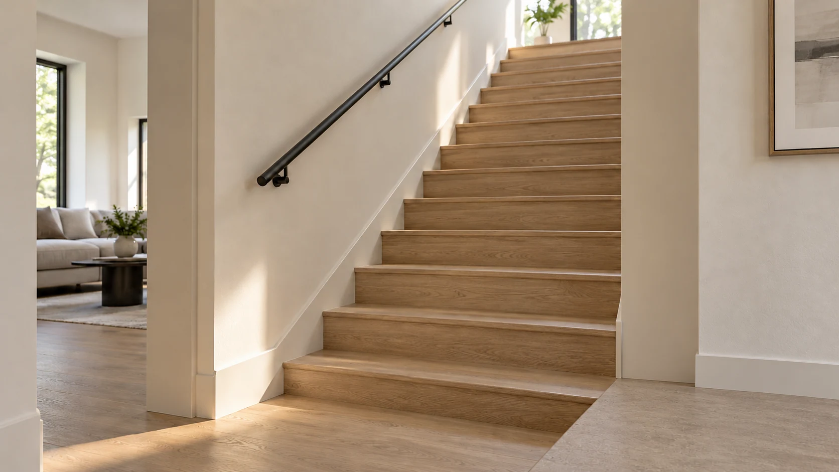 Oak staircase with a slim black wall-mounted handrail in a softly lit contemporary interior