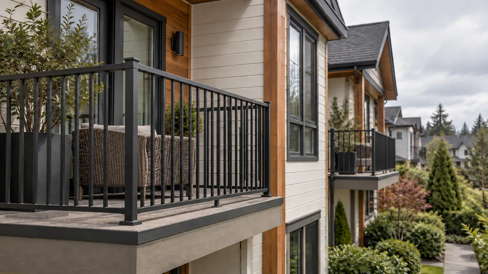 Editorial illustration of a townhome balcony with slim black railing posts and vertical pickets