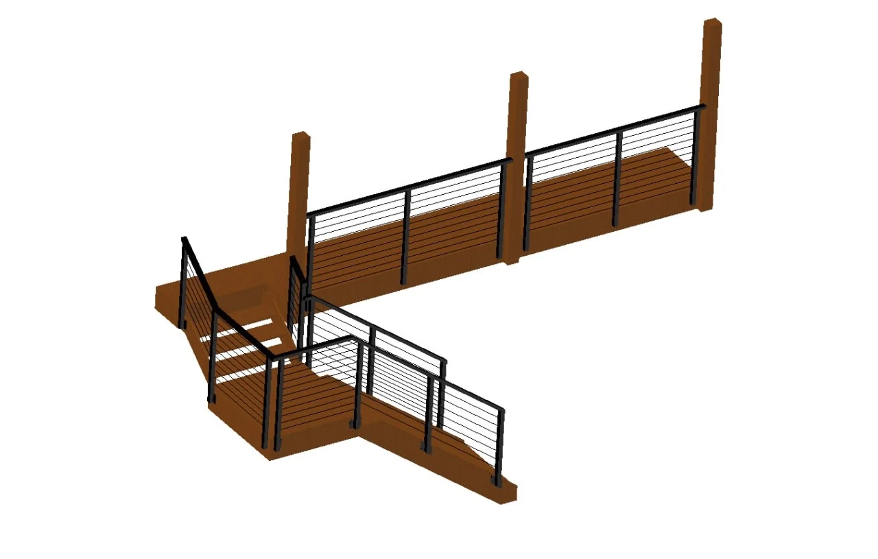3D design model showing the full deck guard and stair cable railing layout
