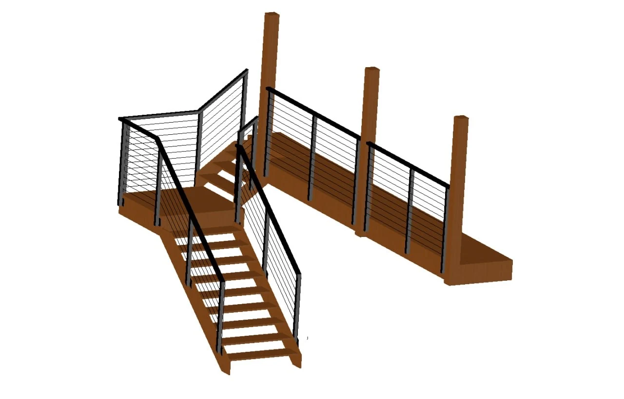 3D design model of the cable railing stair run and landing, produced before fabrication