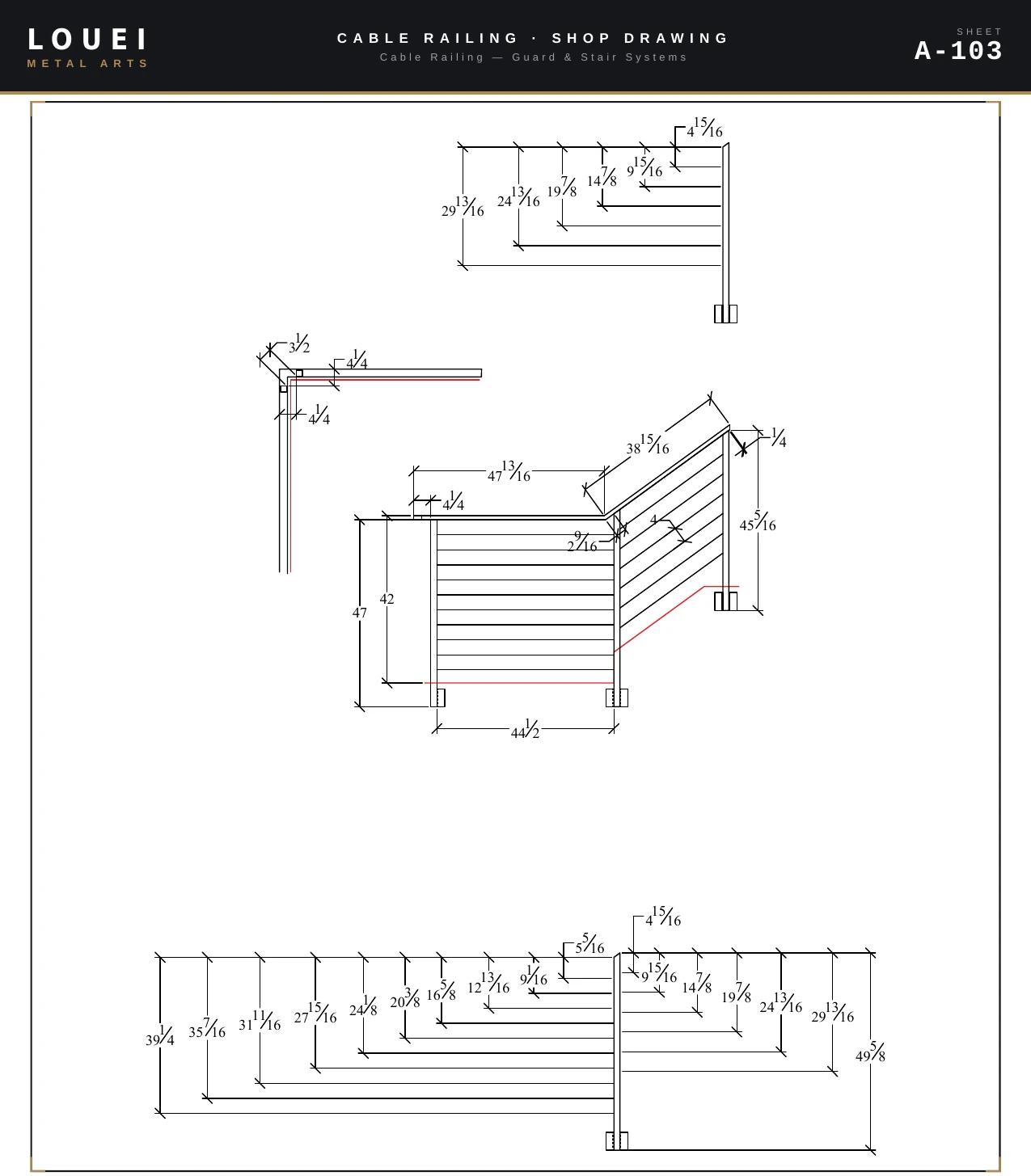 Excerpt from shop drawing sheet A-103: guard elevation at the corner and stair transition, dimensioned to the 42-inch guard height
