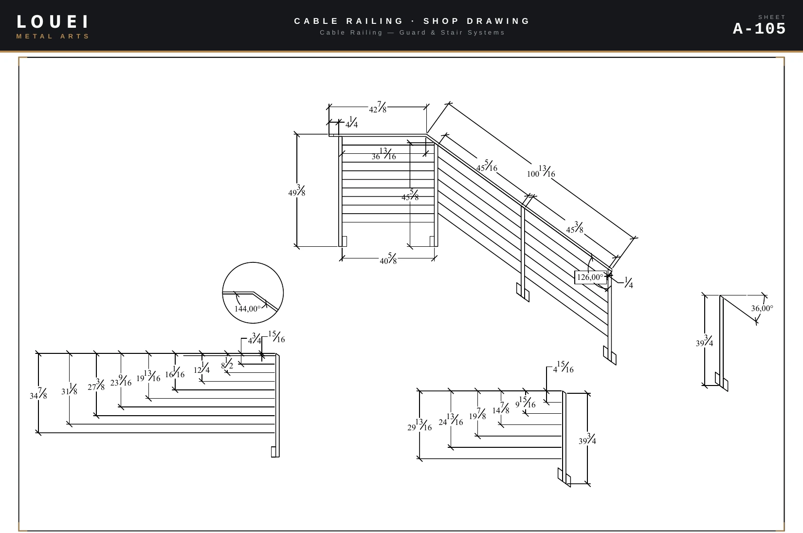 Excerpt from shop drawing sheet A-105: stair guard elevation for the corner and raking run with 144, 126, and 36 degree top-rail bends