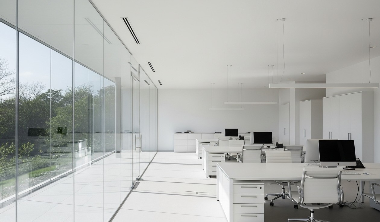 office smart glass showing before and after states