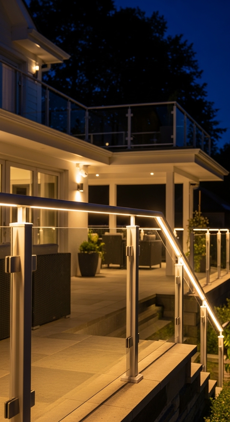 Evening illuminated deck with post glass railing creating ambient atmosphere