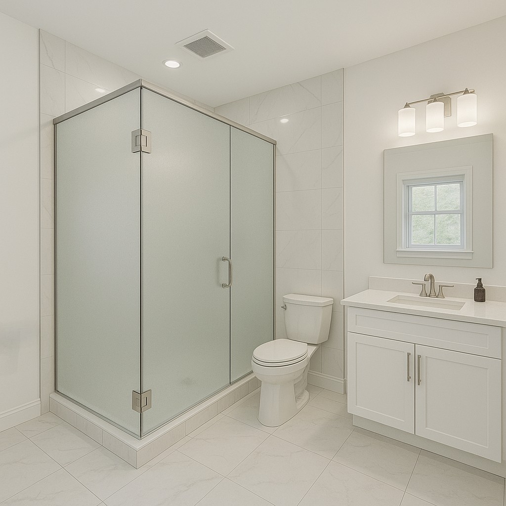 master bathroom smart glass shower showing before and after states