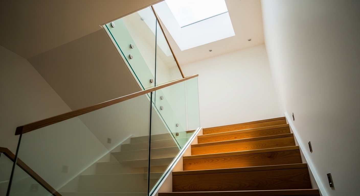 Staircase Glass Railings - Wooden Steps