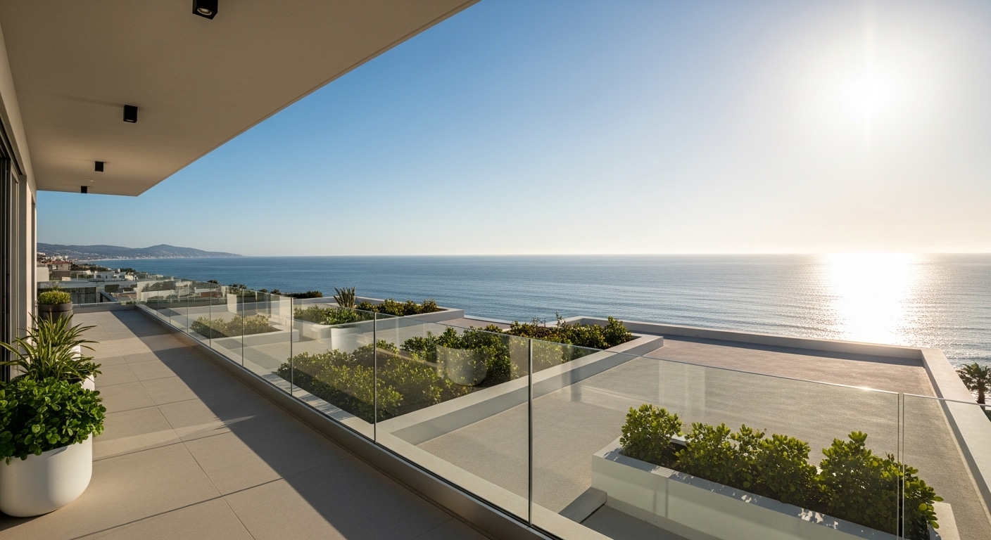 Wide-angle shot of modern rooftop with frameless glass railing and ocean view, sunny clear sky