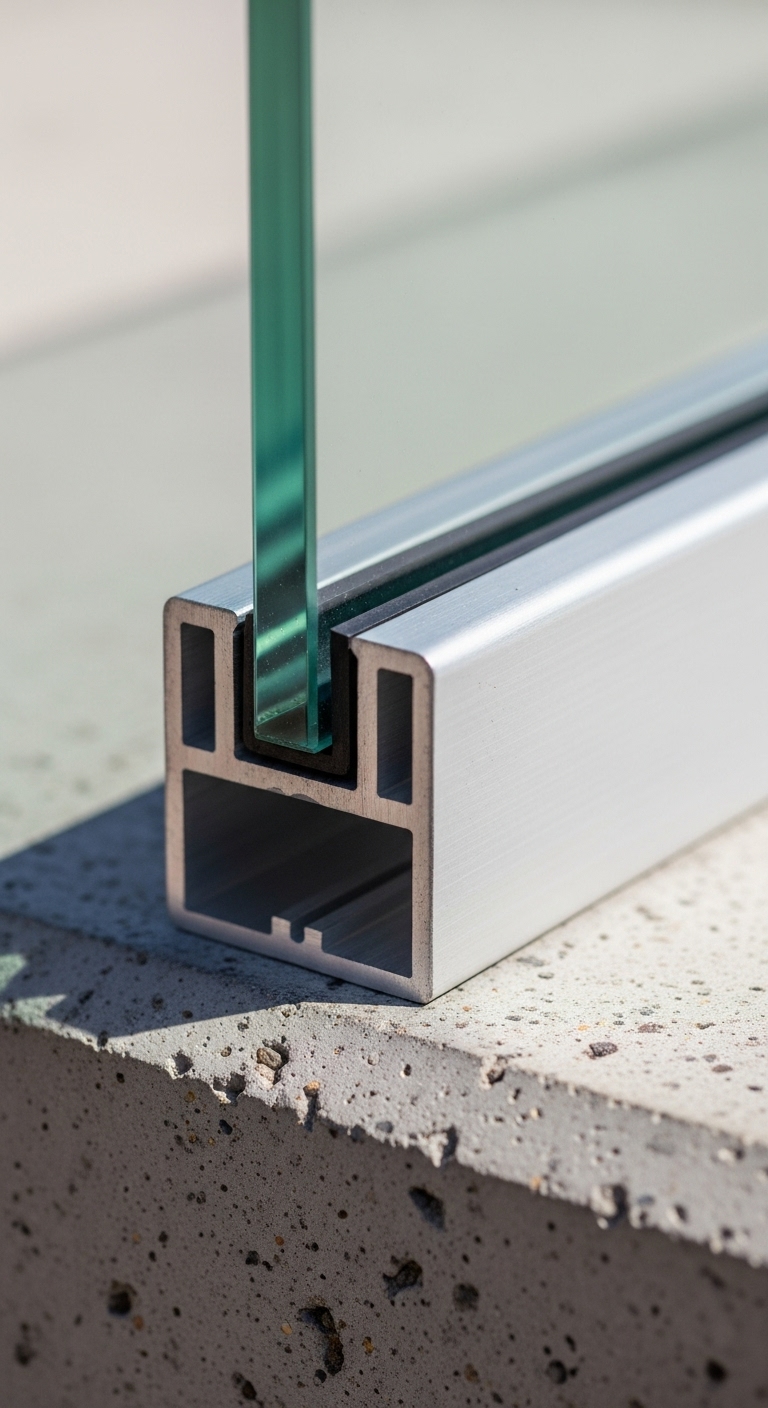 Detailed view of base-shoe mounting system with glass panel