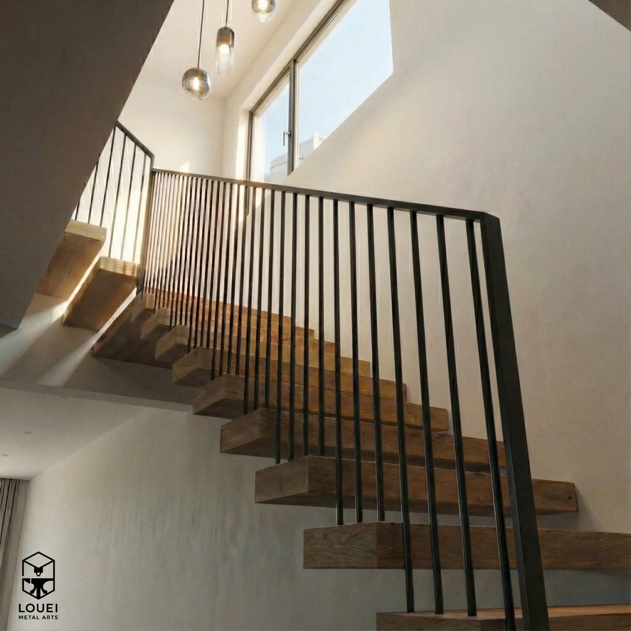 Floating oak stair with minimalist black steel picket railing in a modern Vancouver home