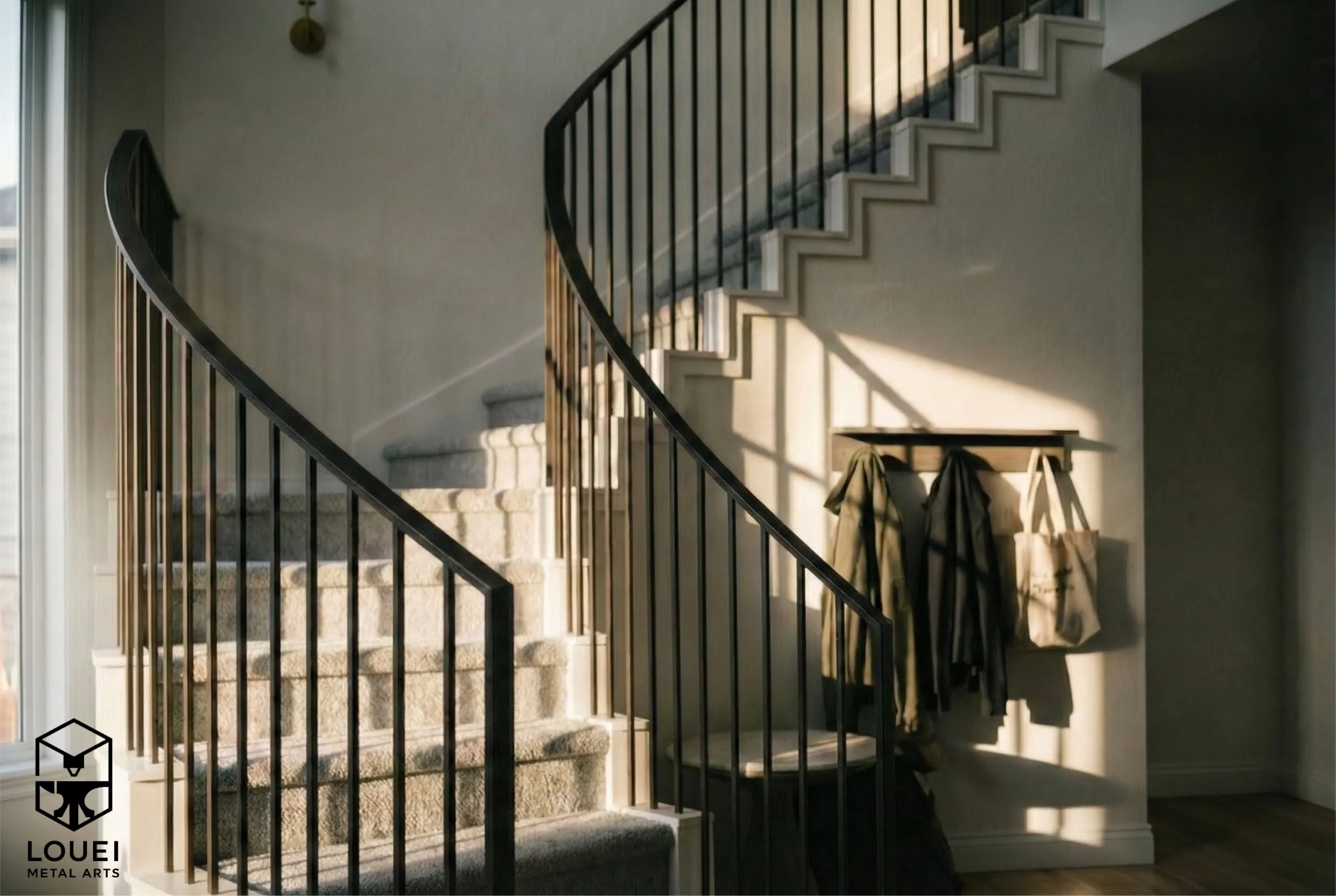 Curved black picket railing on carpeted stairs in a warm Vancouver entryway