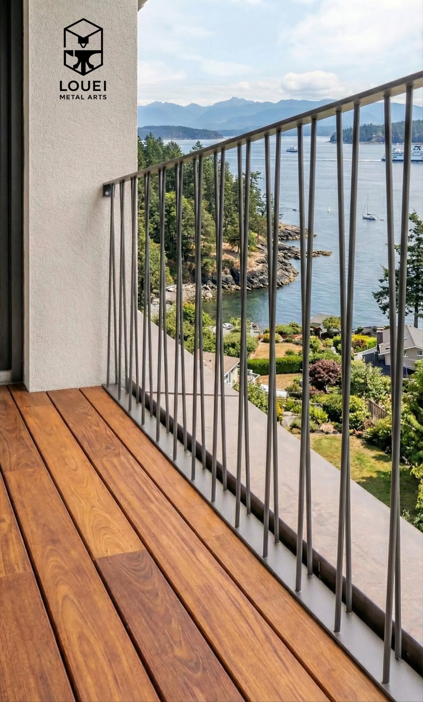 Custom crimped metal picket balcony railing overlooking the ocean in West Vancouver