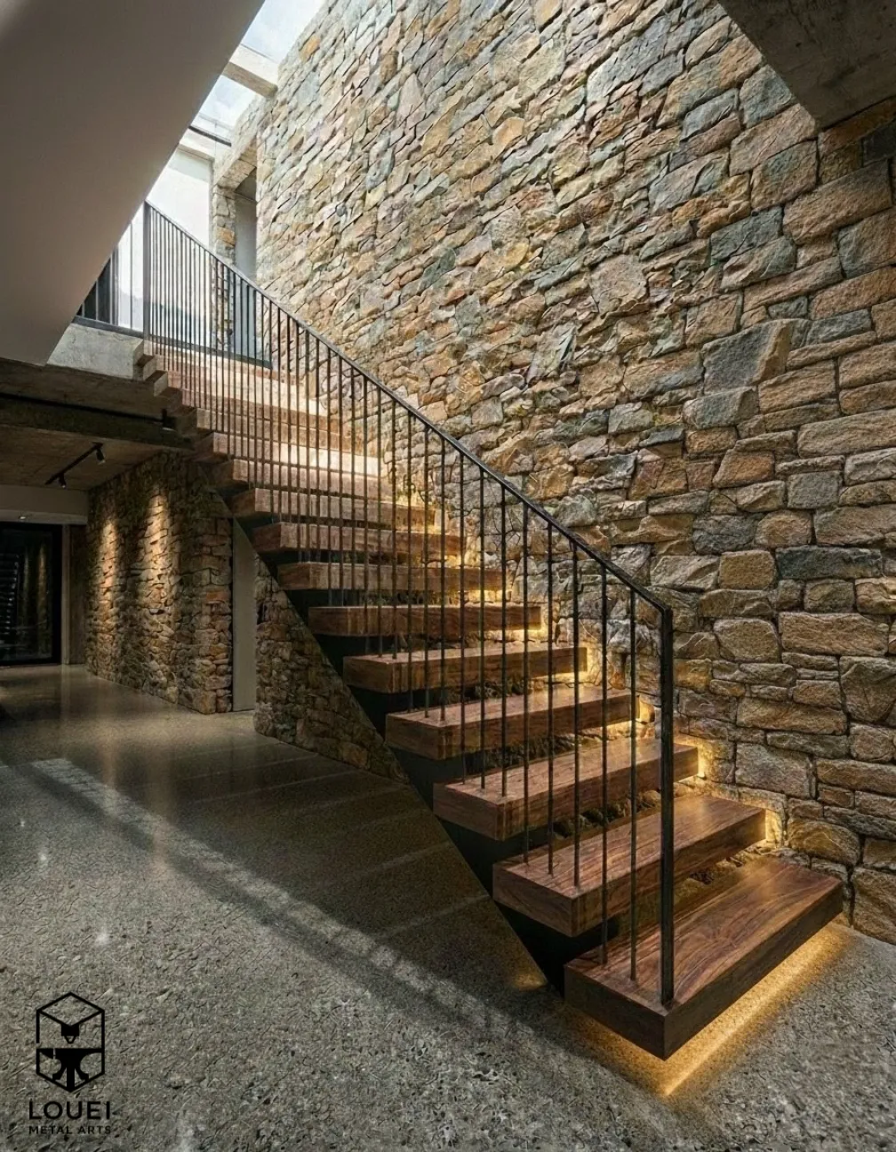 Floating wood stair with slim black picket railing and stone feature wall in a Vancouver home