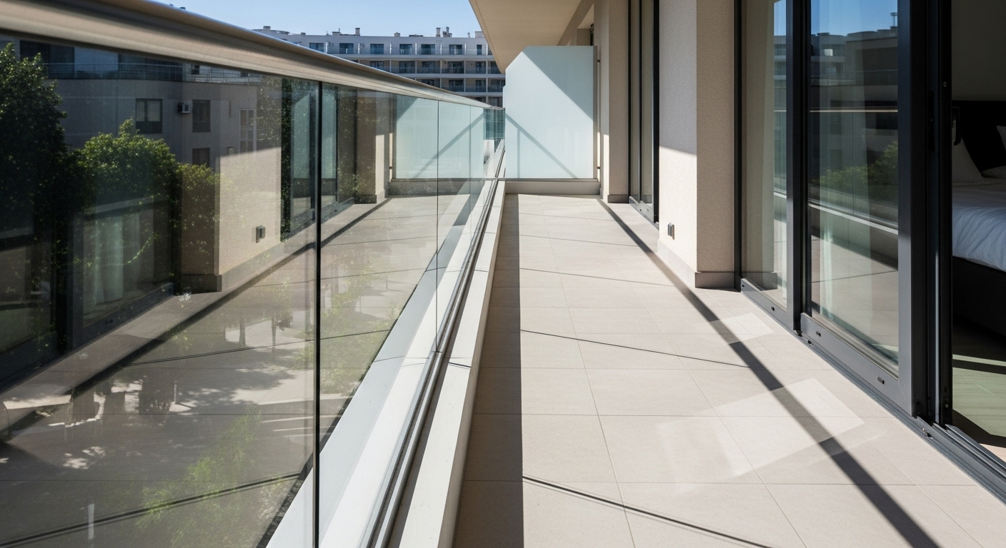 Modern balcony with base-shoe glass railing system in daylight