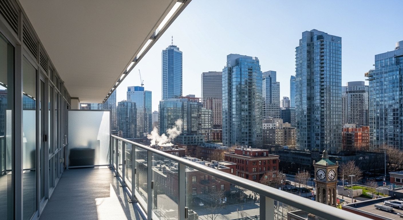 Modern balcony with post-mounted glass railing overlooking city skyline