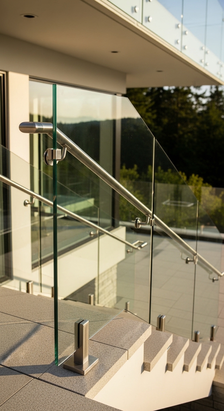 Contemporary staircase with post-mounted glass railing detail