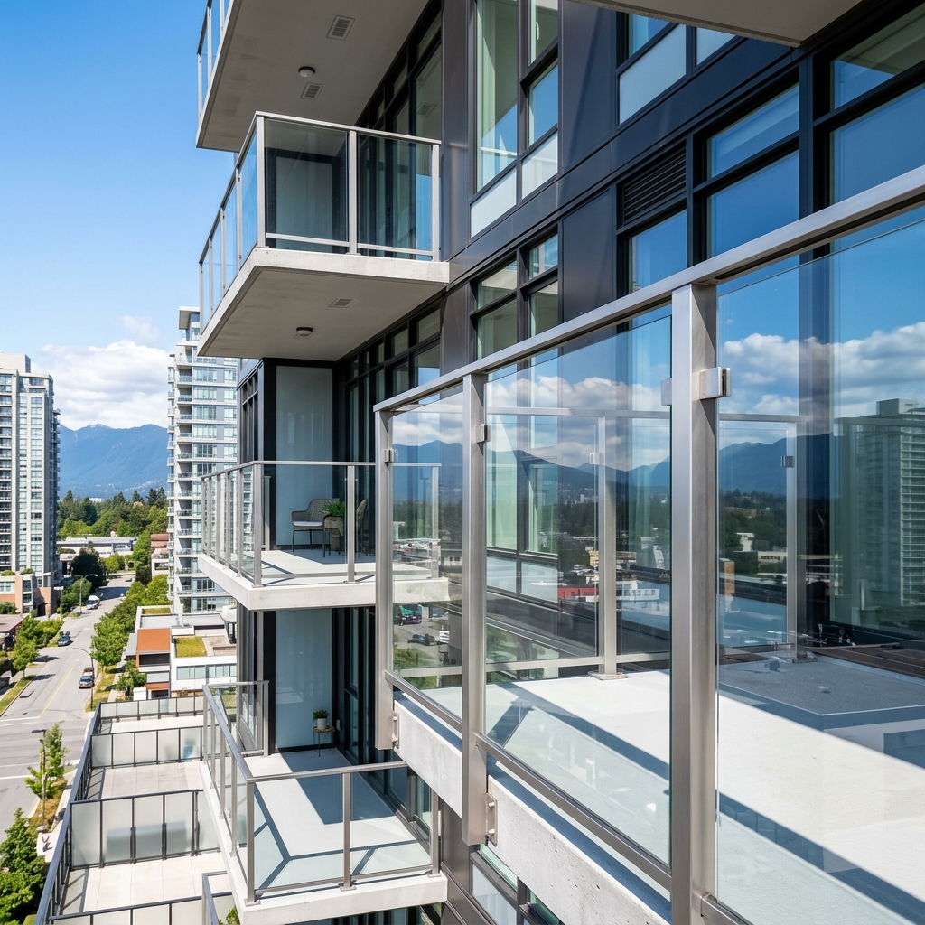 Condo balcony railing replacement on a Brentwood tower, custom fabricated by LOUEI Metal Arts