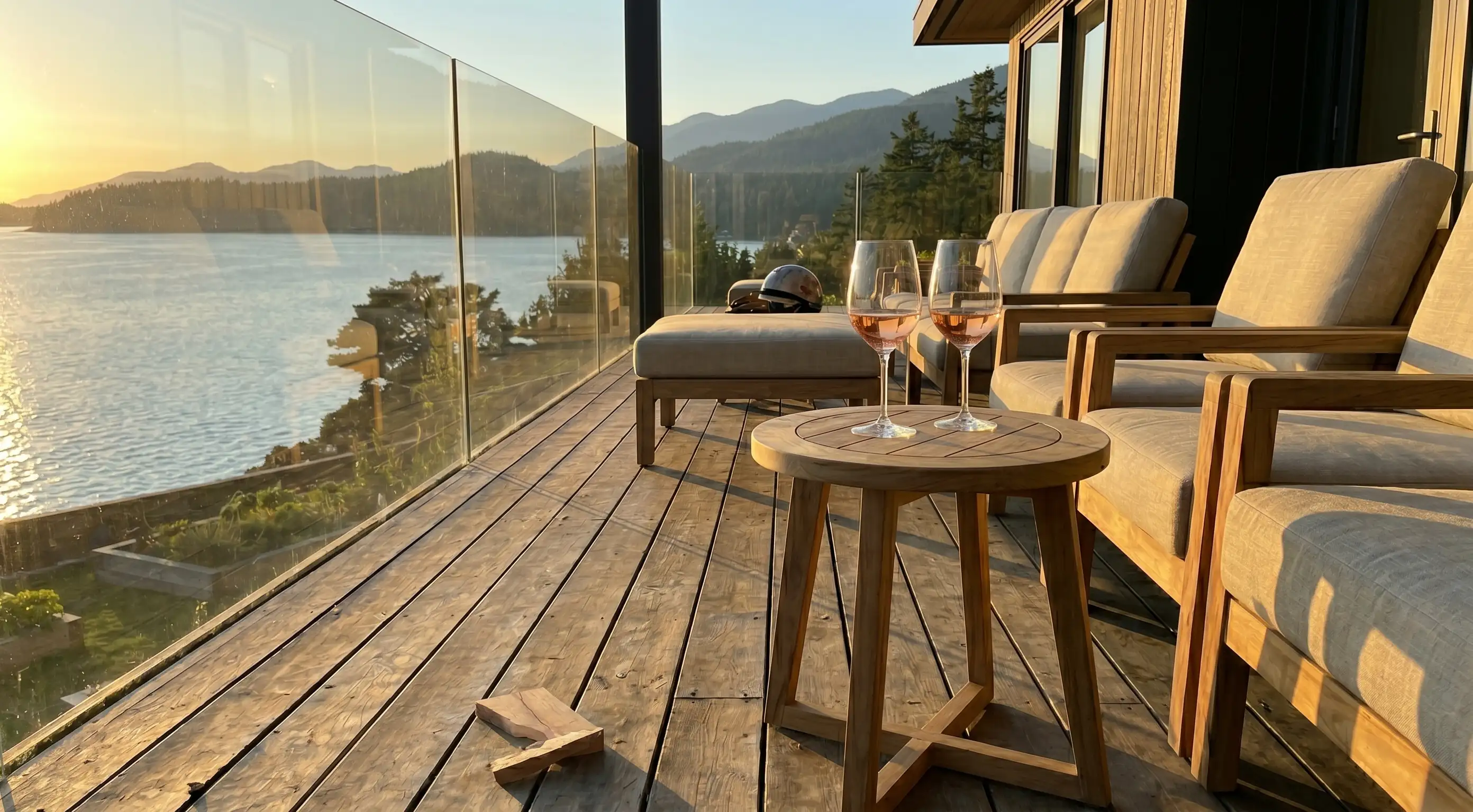 Bronze-tinted glass deck railing on a west-facing BC home — reduces sunset glare while preserving the ocean view