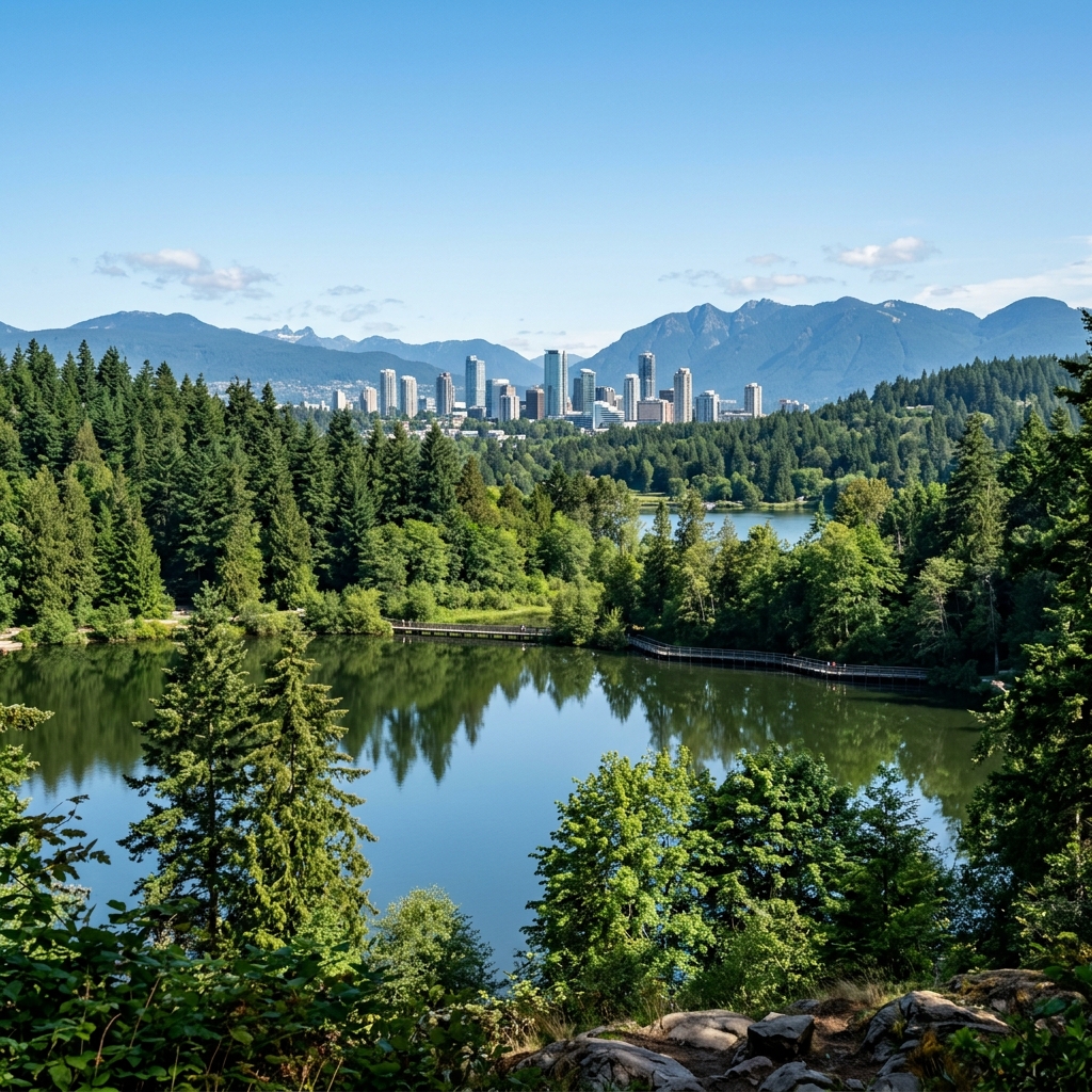 Beautiful high-quality professional photography of Burnaby nature, British Columbia, showing lush green forests, a serene lake, and a subtle city skyline