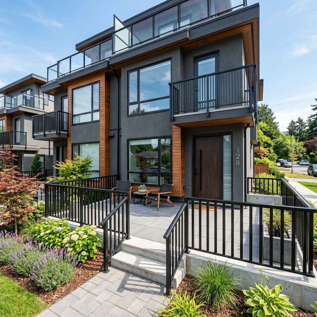 Custom picket balcony railing on a Burnaby townhouse row by LOUEI Metal Arts