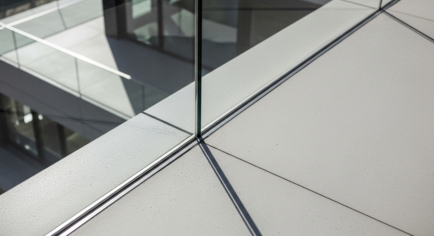 Close-up shot of frameless glass railing base-mounted on a concrete balcony, daytime, sharp shadows