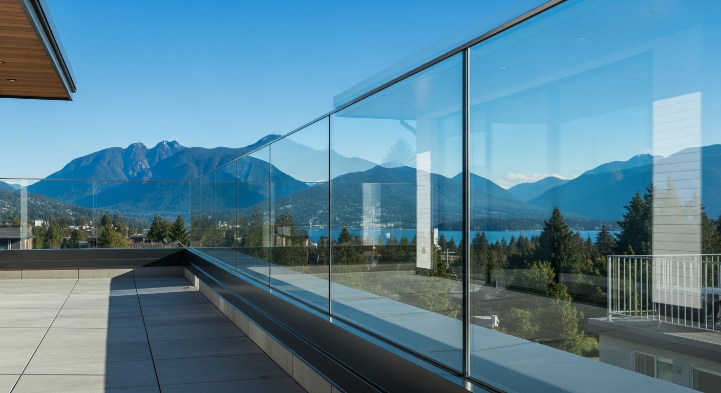 Panoramic mountain view through base-shoe glass railing system