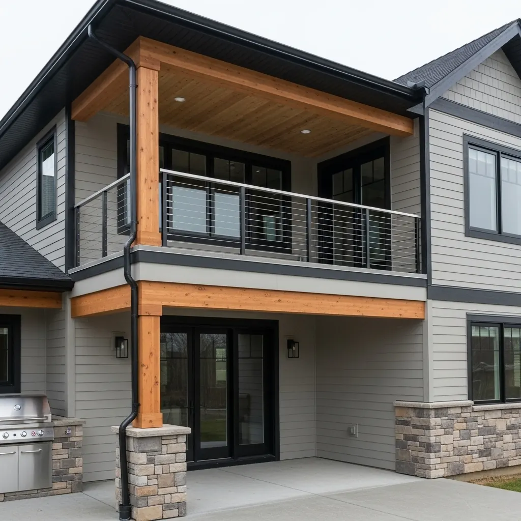 Wood-framed balcony with custom cable railing on a cedar-clad home by LOUEI Metal Arts