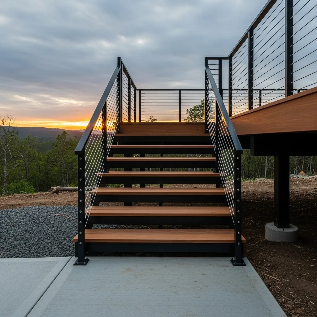 Stainless cable deck railing on an elevated wood deck at sunset, by LOUEI Metal Arts