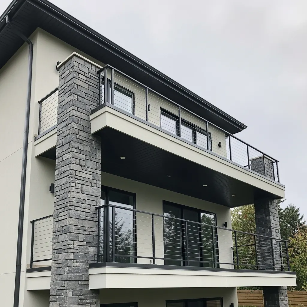 Multi-level balcony with cable railing in Metro Vancouver.