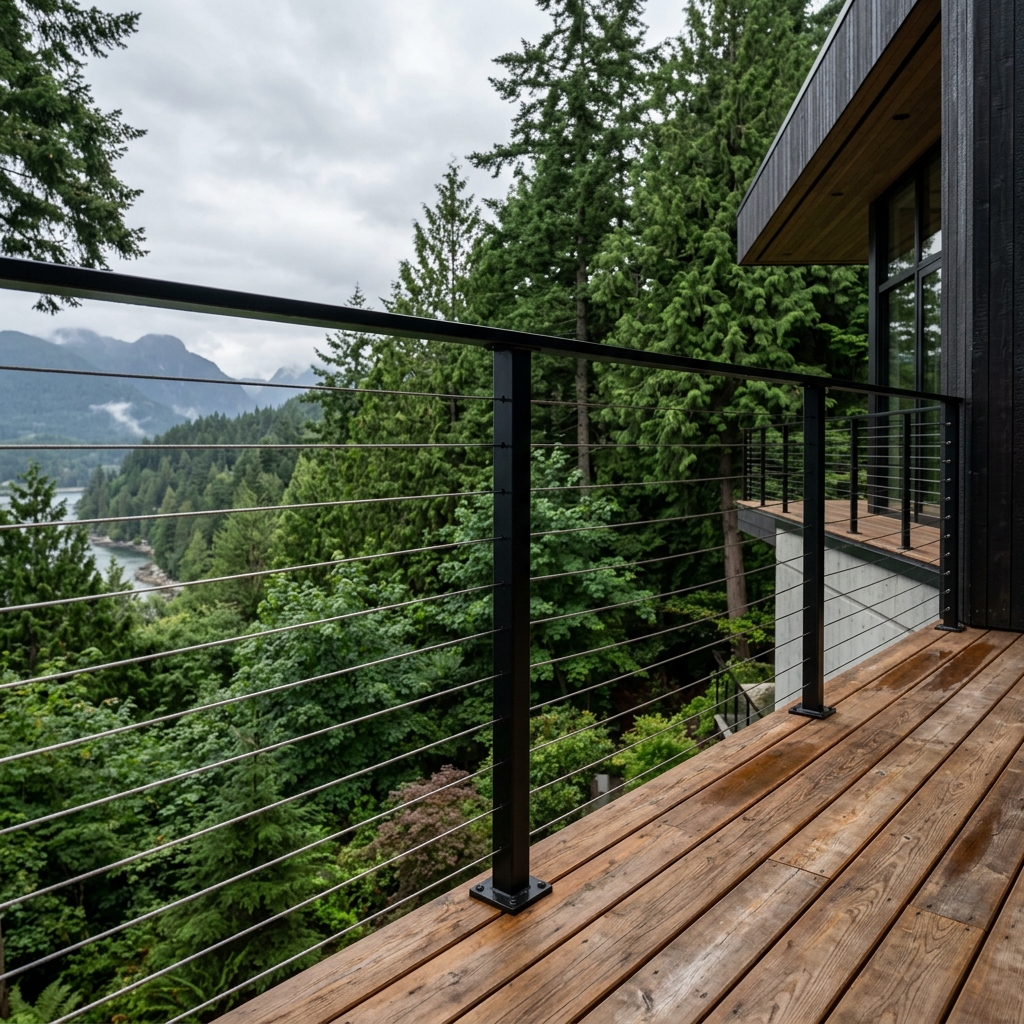Black metal post cable railing on an elevated wood deck overlooking a forested canyon.