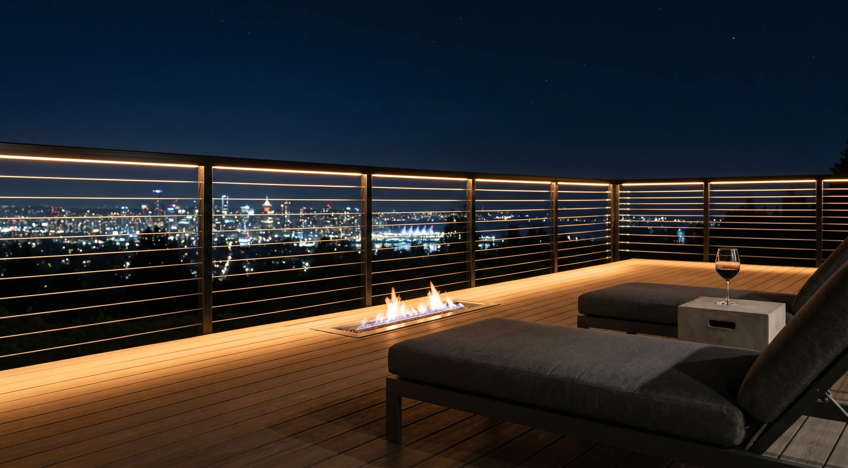 Cable deck railing with integrated LED under-rail lighting on a BC view home — extends deck usability into evening hours