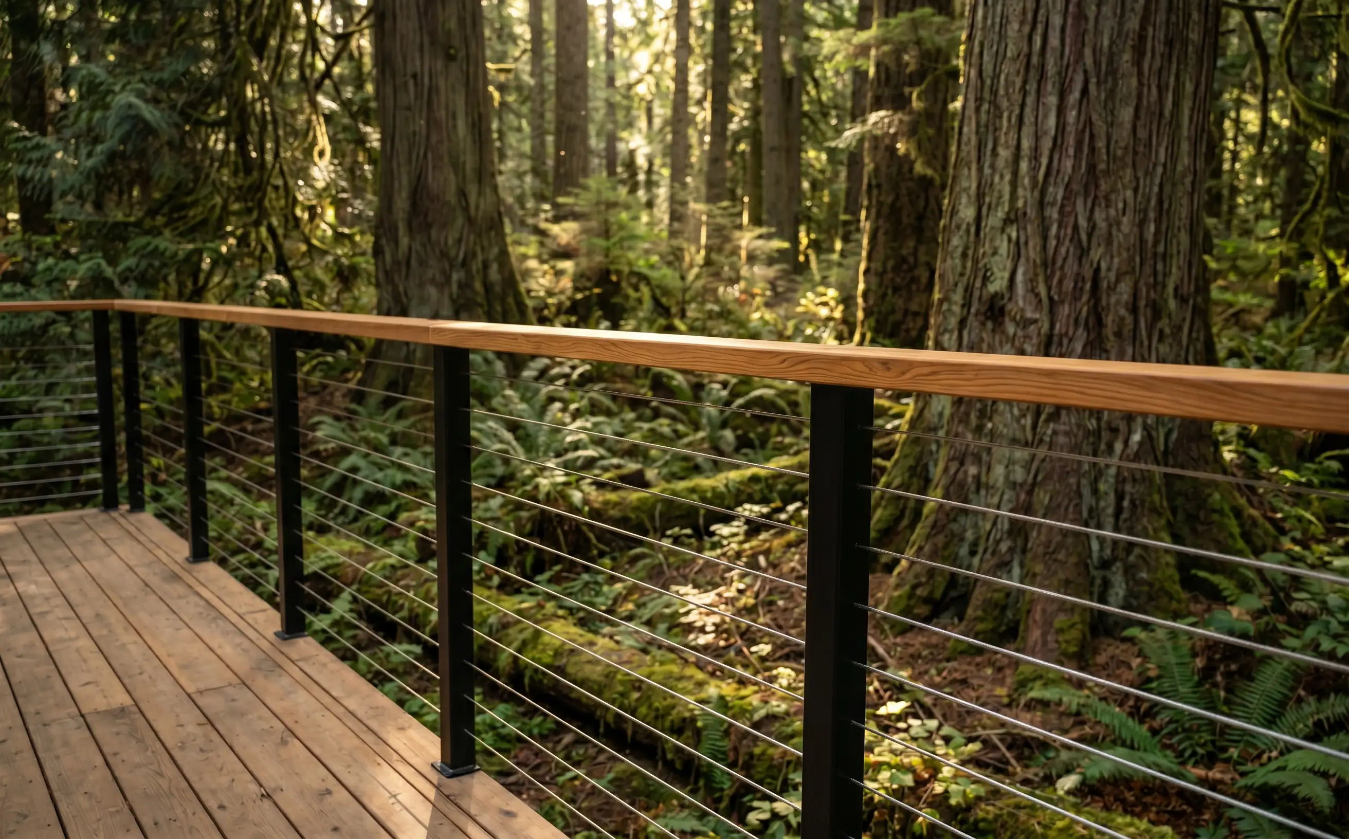 Cable deck railing with cedar top rail on a North Vancouver forest-adjacent home — Soft Industrial design blending stainless steel and wood