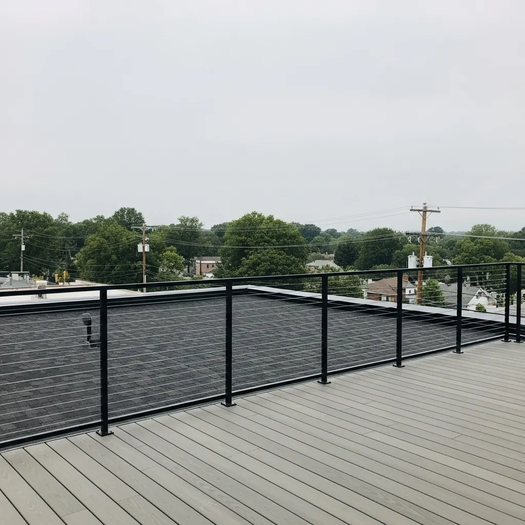 Black cable railing on a rooftop deck with HVAC and planters, by LOUEI Metal Arts