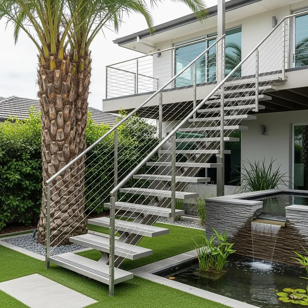 Cable stair railing alongside floating treads in a modern interior, by LOUEI Metal Arts