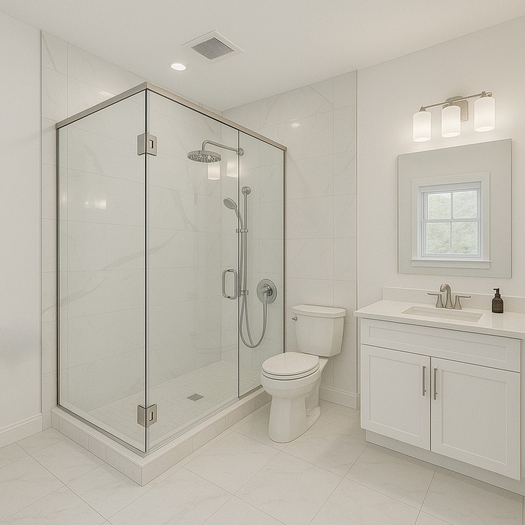 master bathroom smart glass shower showing before and after states