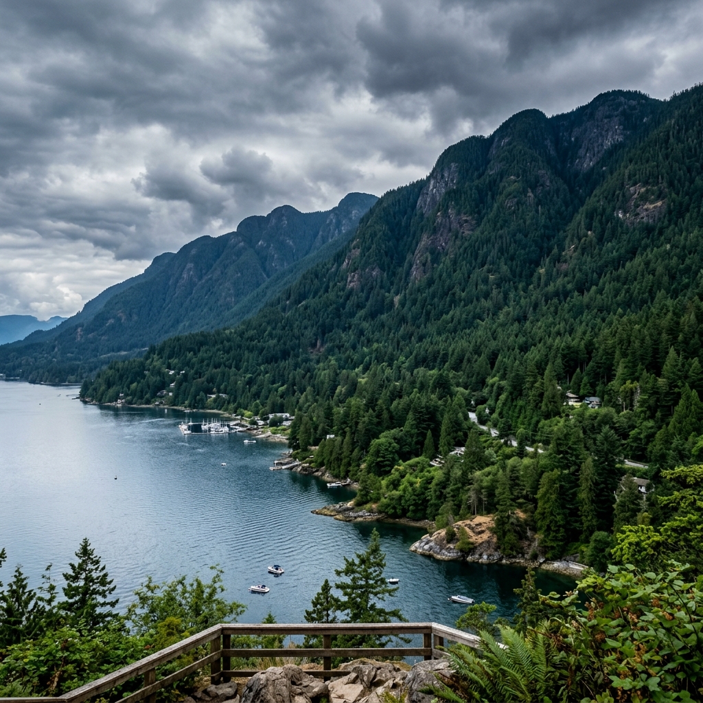 Custom cable railing on a North Vancouver mountain-view deck overlooking Burrard Inlet
