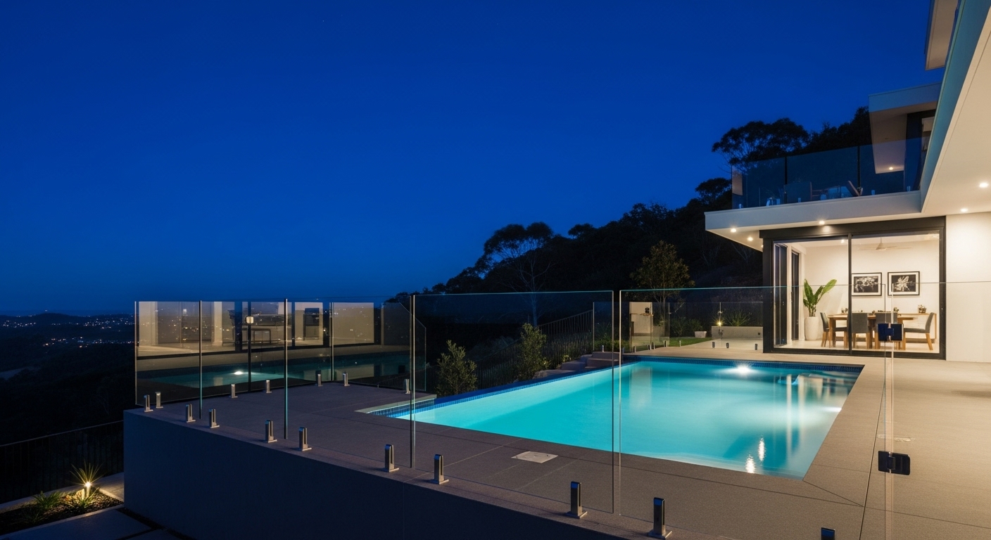 Pool Glass Railings - Night View