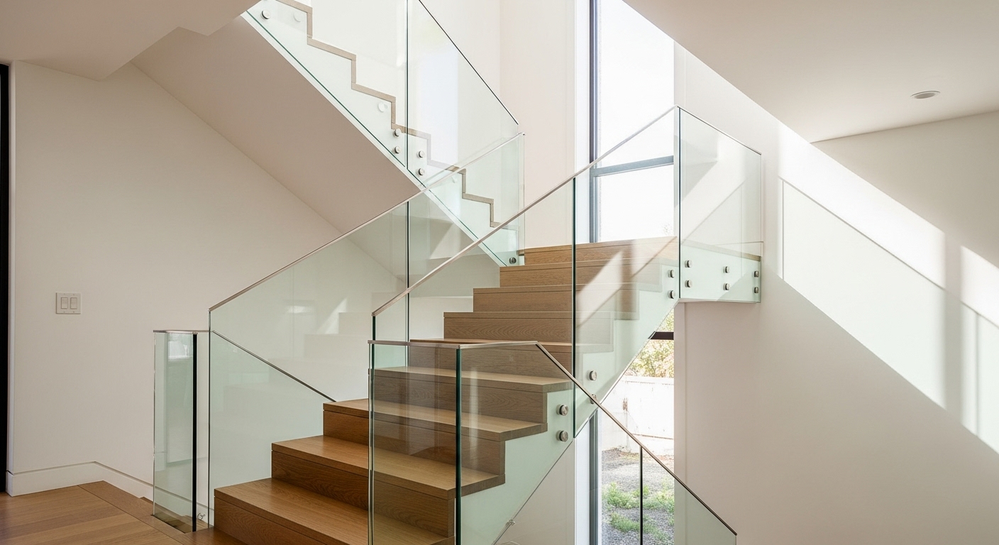 Interior stair with frameless glass railing, wooden steps, bright natural light