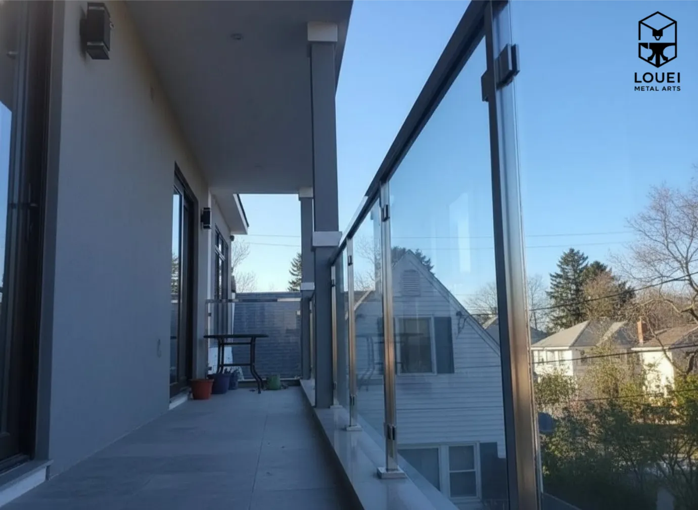 Exterior glass balcony railing with black posts and a black top rail along a residential walkway.