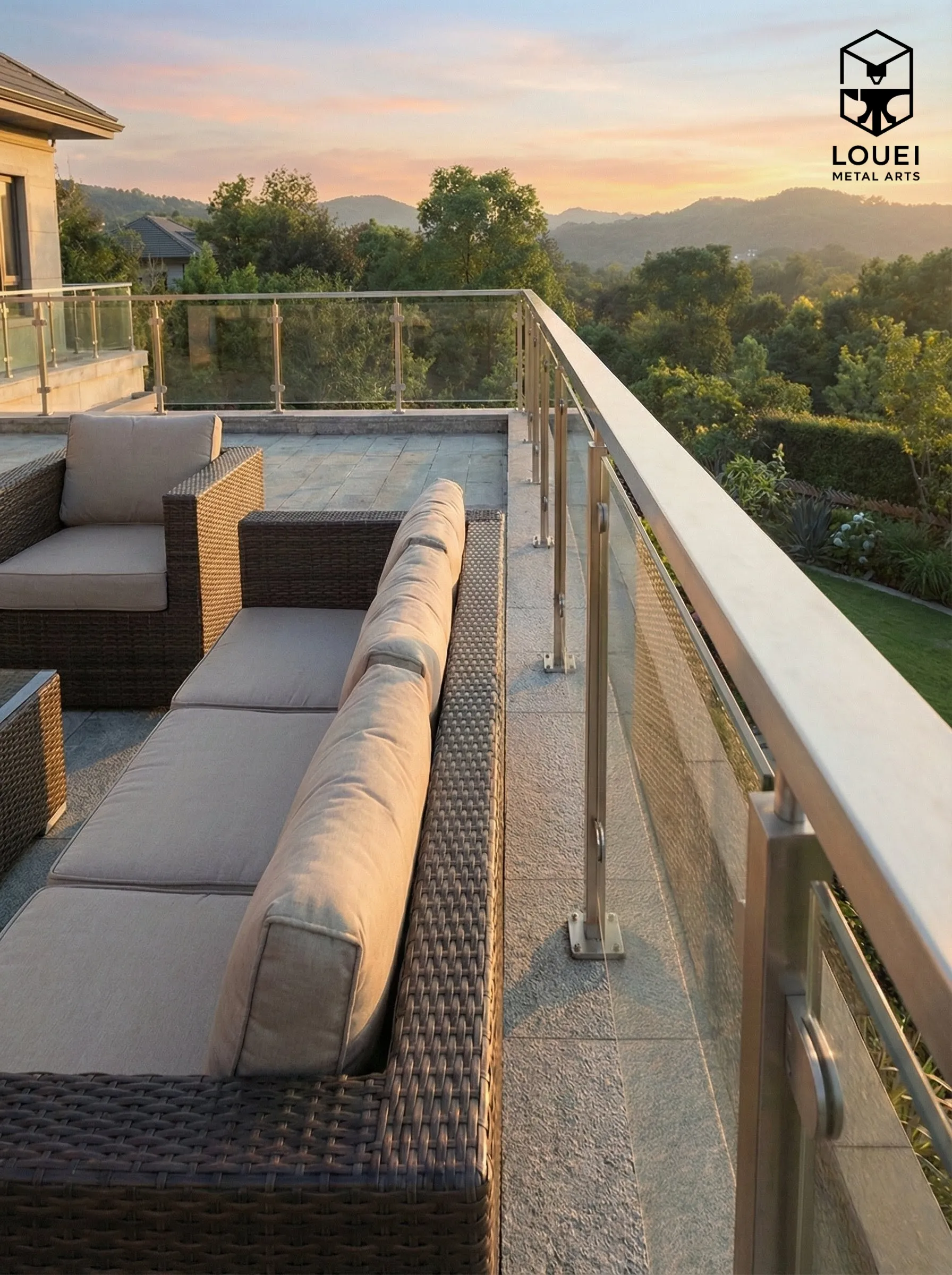 Stainless steel post glass railing with a square top rail on an outdoor terrace overlooking a landscaped hillside at sunset.