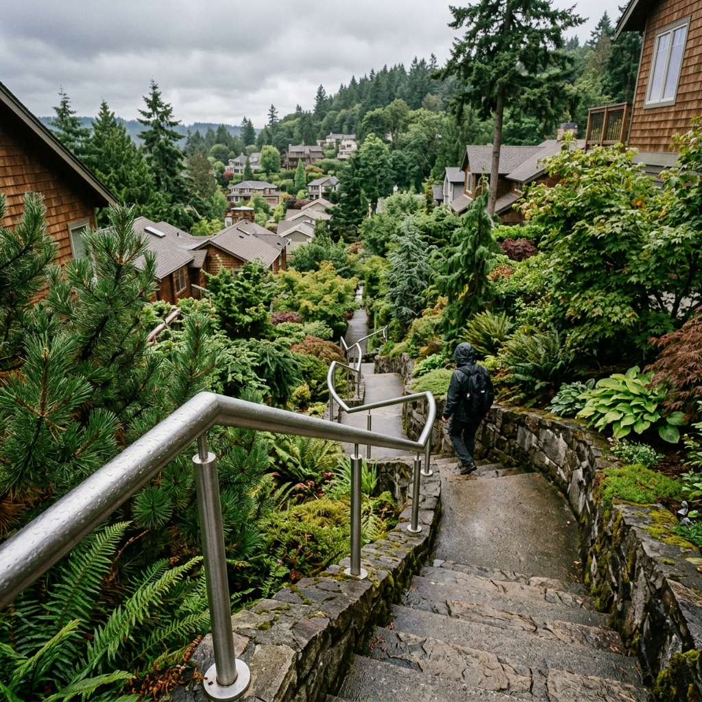 Continuous brushed stainless steel handrail on a multi-flight exterior stairway in Upper Lonsdale, North Vancouver