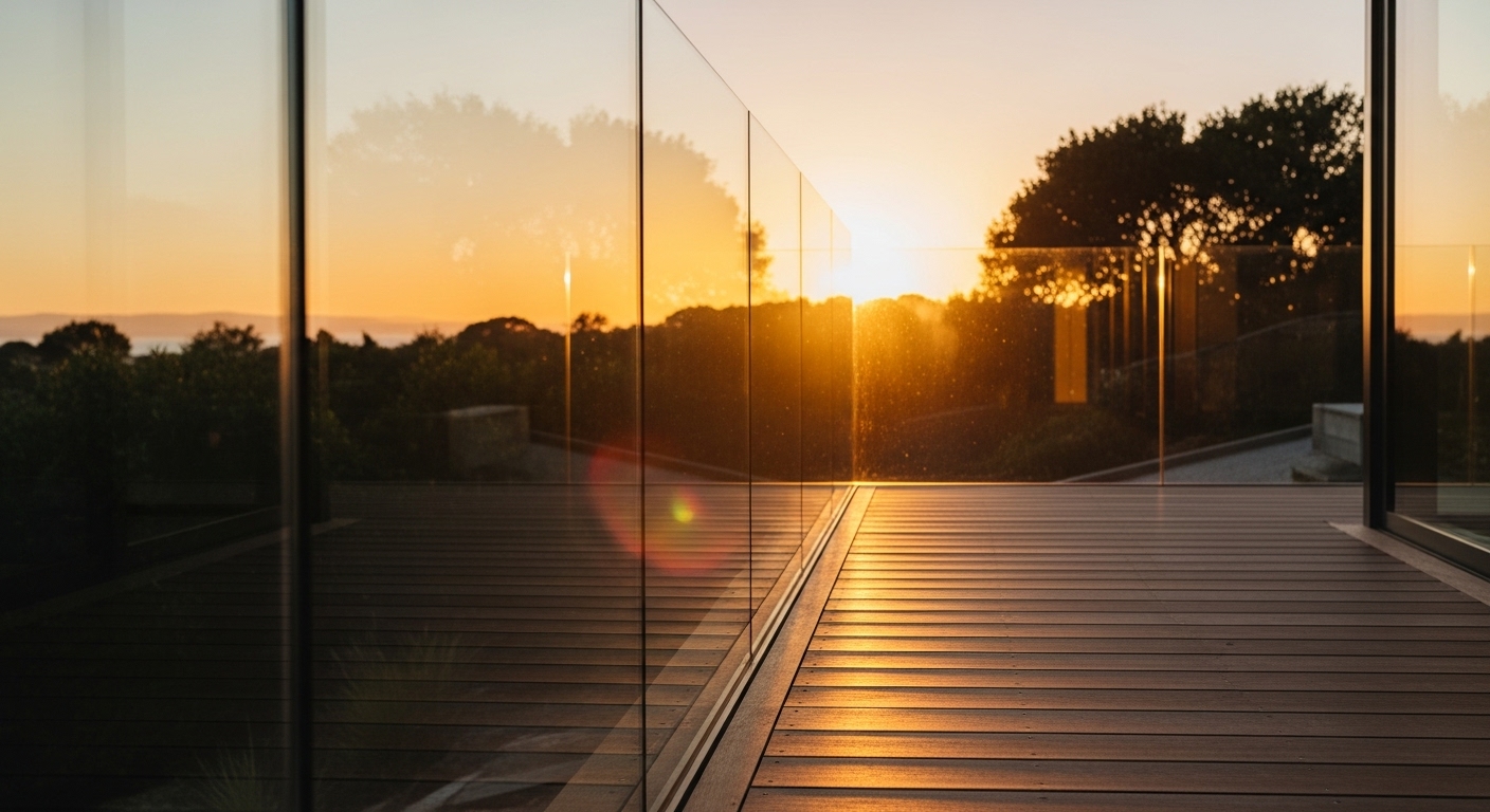 Side view of frameless glass railing at sunset, golden light reflections, outdoor deck